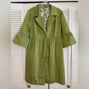 GREEN 3/4 sleeve RUFFLED spring TRENCH COAT feminine baby doll cut! SIZE LARGE